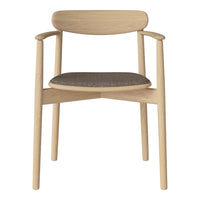 Natural wood chair with a light beige finish, featuring a textured gray fabric seat and minimalistic design.