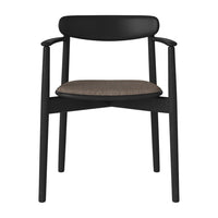 Black wooden chair with a textured brown seat cushion, featuring a minimalist design and smooth lines.