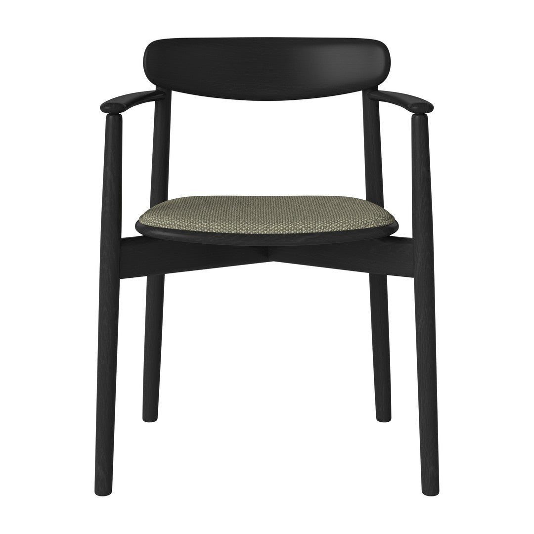 Black wooden chair with a textured olive green seat cushion, featuring a minimalist design.