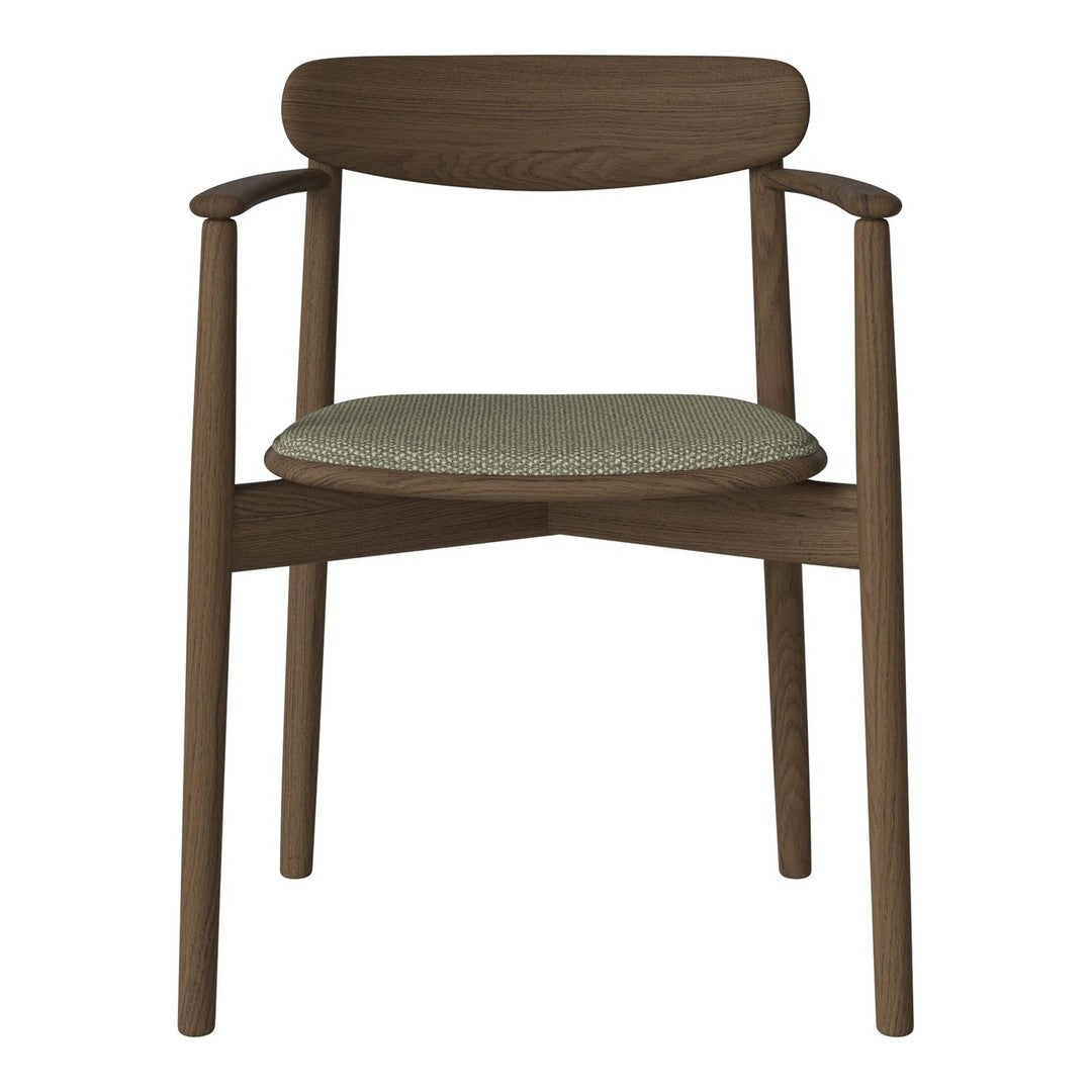 Brown wooden chair with a light green patterned seat cushion and clean, modern lines. Ideal for stylish interiors.