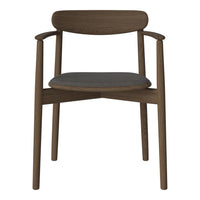 Modern wooden chair in rich brown finish with a gray upholstered seat. Sleek, minimalist design and smooth lines.