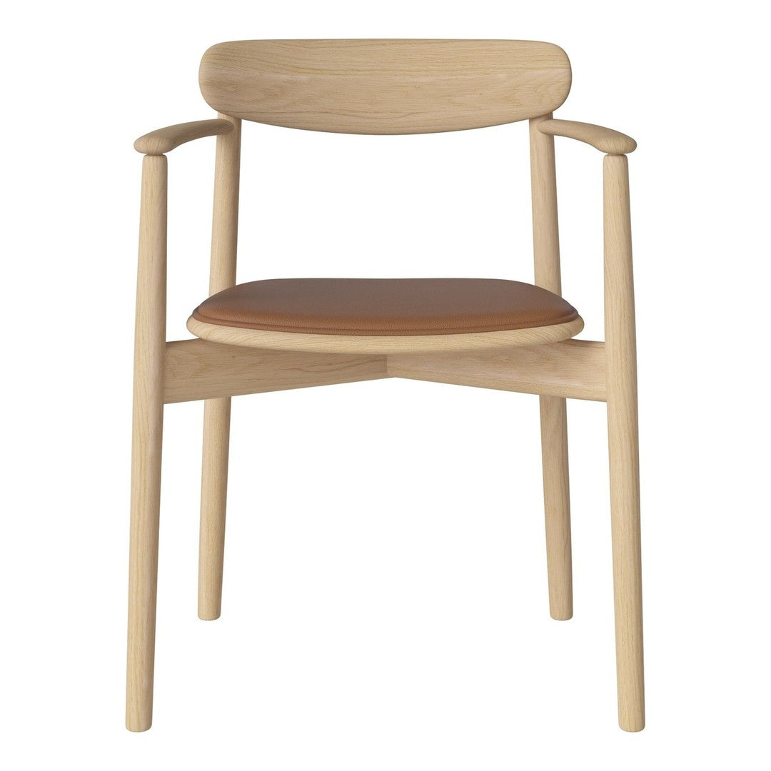 Natural wood chair with light beige frame and a warm brown leather seat, showcasing simple, modern design.