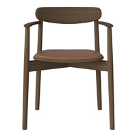 Brown wooden chair with a tan leather seat and minimalist design. Elegant and modern aesthetic with simple lines.