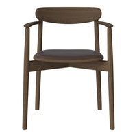 Modern wooden chair with a rich brown finish and a sleek, dark seat cushion, featuring clean lines and minimalistic design.