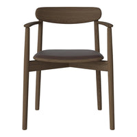 Brown wood chair with a smooth dark brown upholstered seat and simple, sleek design. Perfect for modern decor.