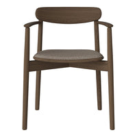 Brown wooden chair with a smooth finish; beige patterned cushion adds a soft touch. Perfect for modern decor.