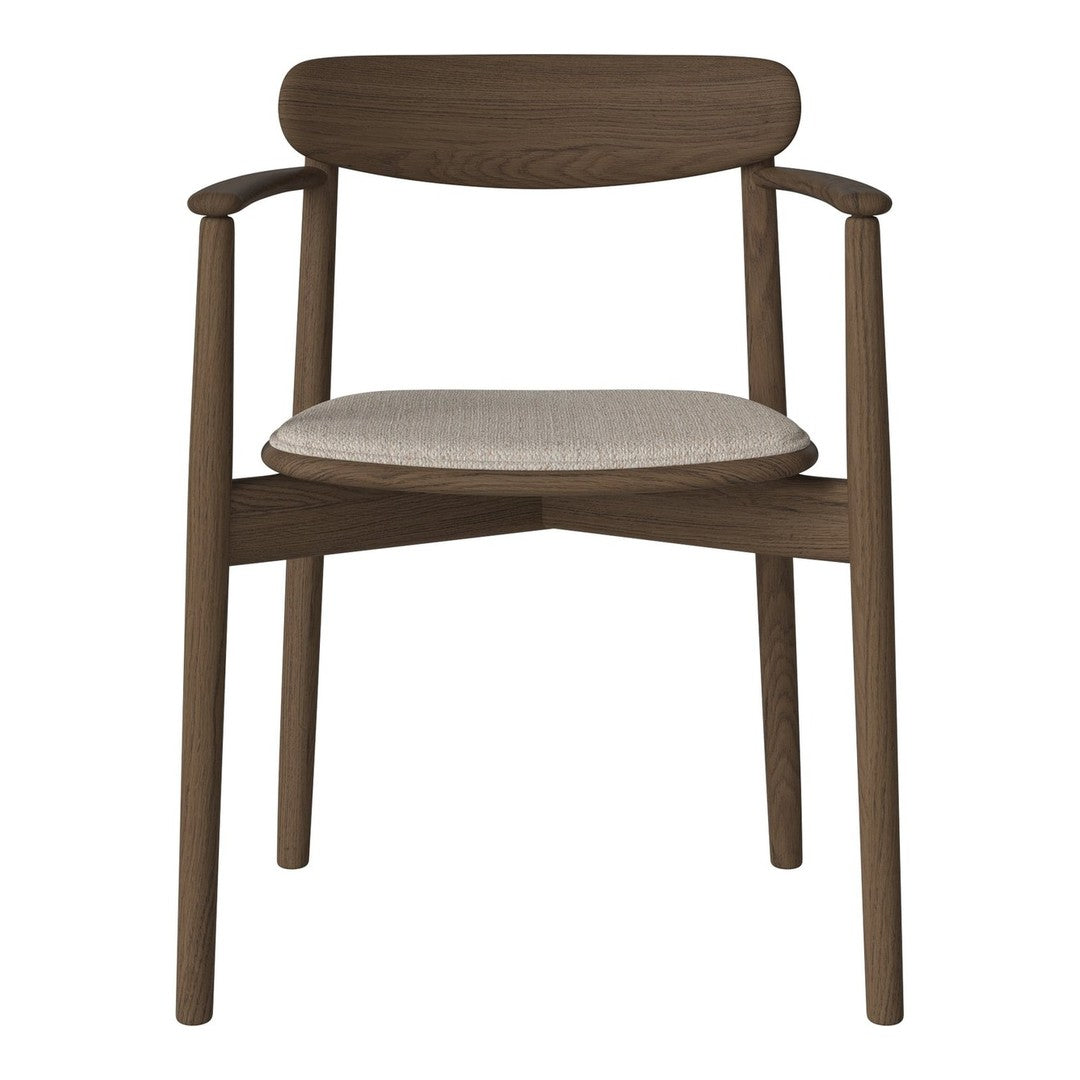 Brown wooden chair with light beige seat cushion and minimalist design. Perfect for modern home decor.
