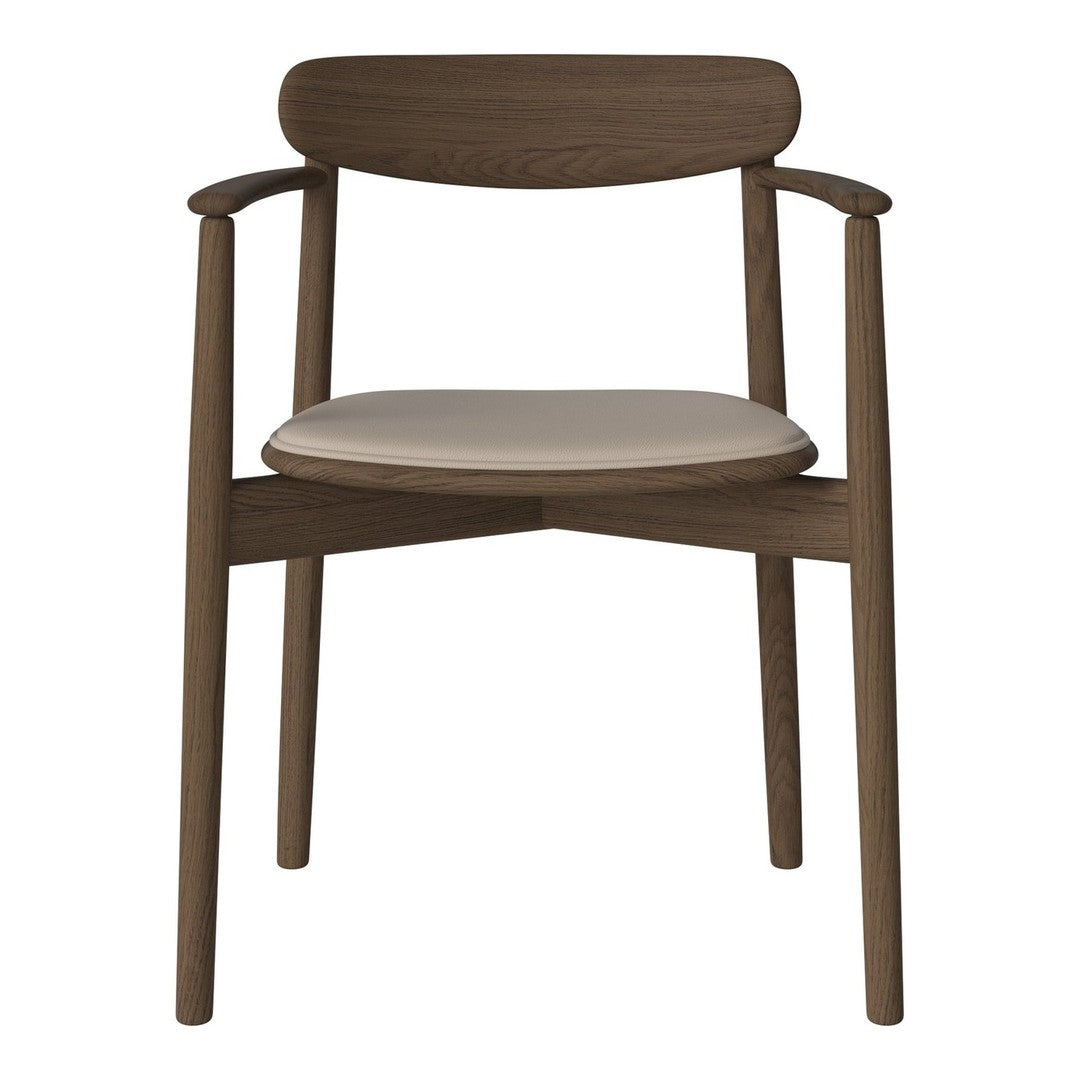Brown wooden chair with a smooth cream upholstered seat and minimalist design.