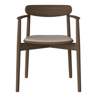 Brown wooden chair with a smooth cream upholstered seat and minimalist design.