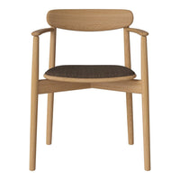 Natural wood chair with a light oak finish and a dark fabric seat, featuring a minimalist and modern design.
