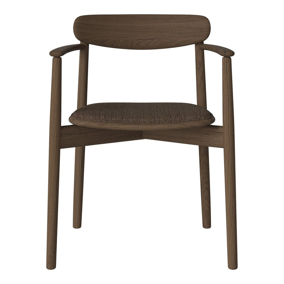Brown wooden chair with a smooth finish and a textured seat, featuring simple, modern lines.