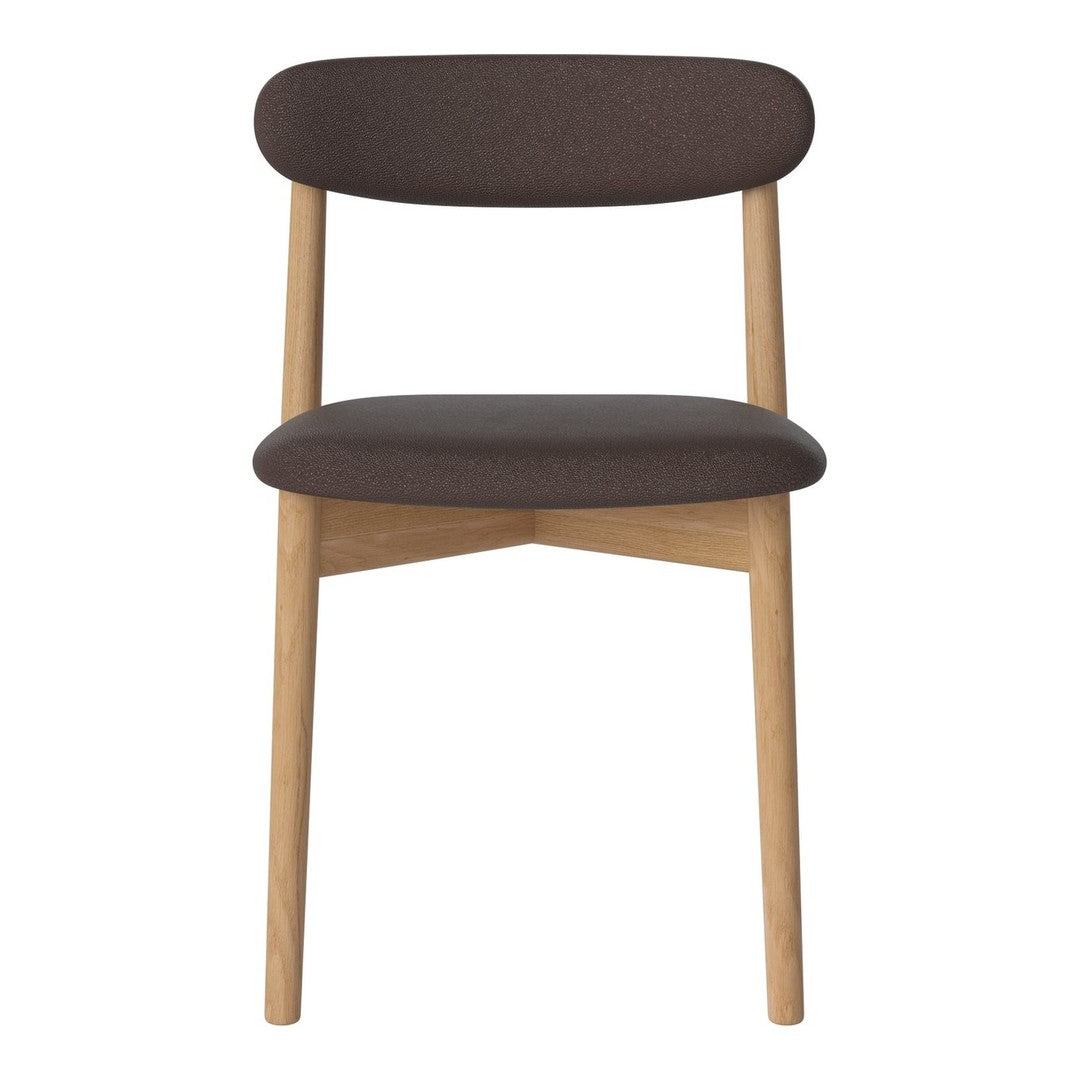 Brown upholstered chair with a smooth, minimalist design and light wooden legs. Perfect for modern decor.