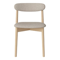 Light gray upholstered chair with a smooth texture and natural wood legs. Minimalist design ideal for modern decor.