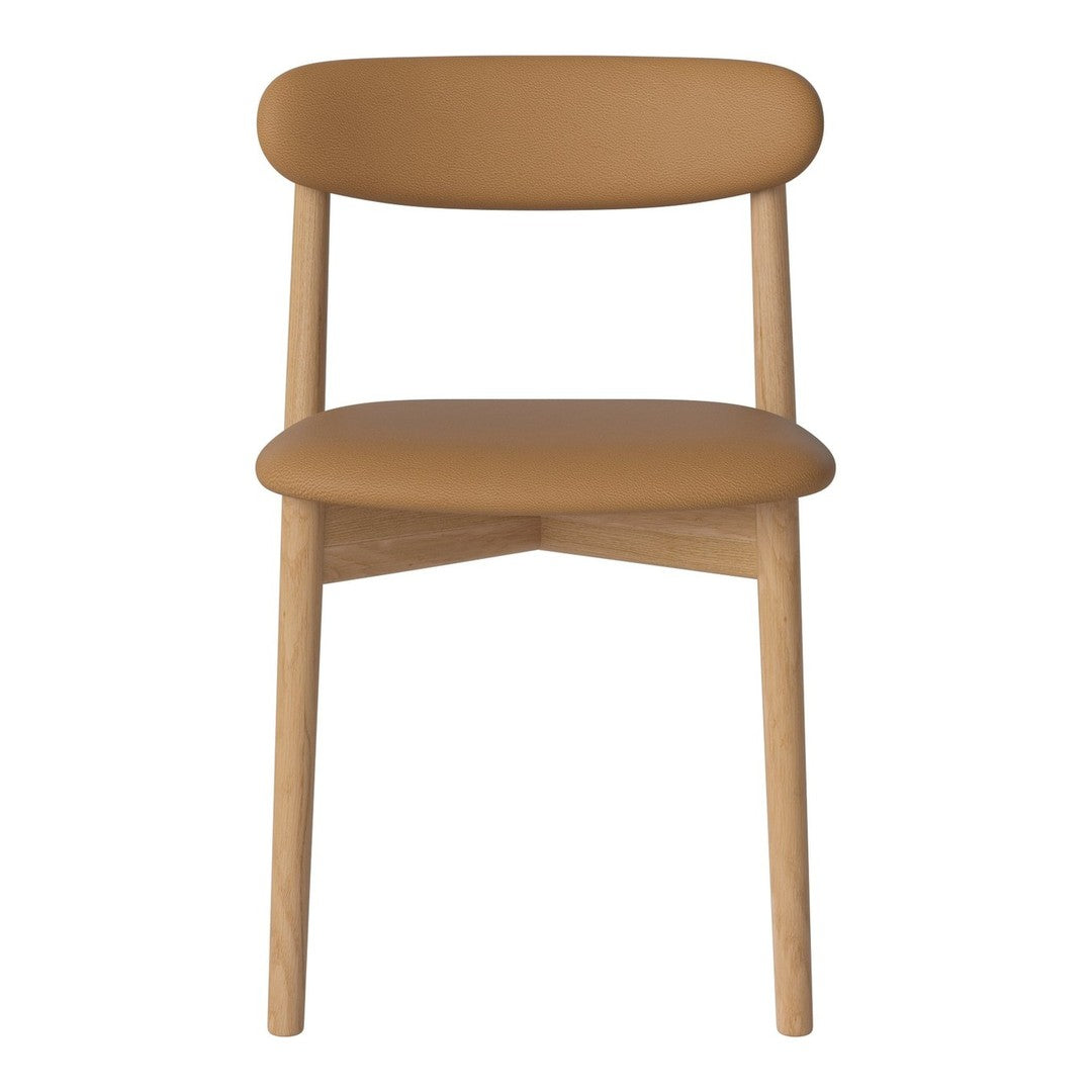Minimalist chair in warm tan with smooth, rounded edges and natural wood legs. Perfect for modern decor.