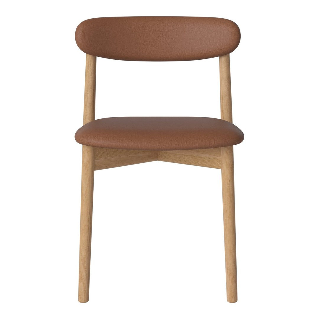 Brown leather chair with a smooth finish and natural wooden legs, showcasing a modern and minimalist design.