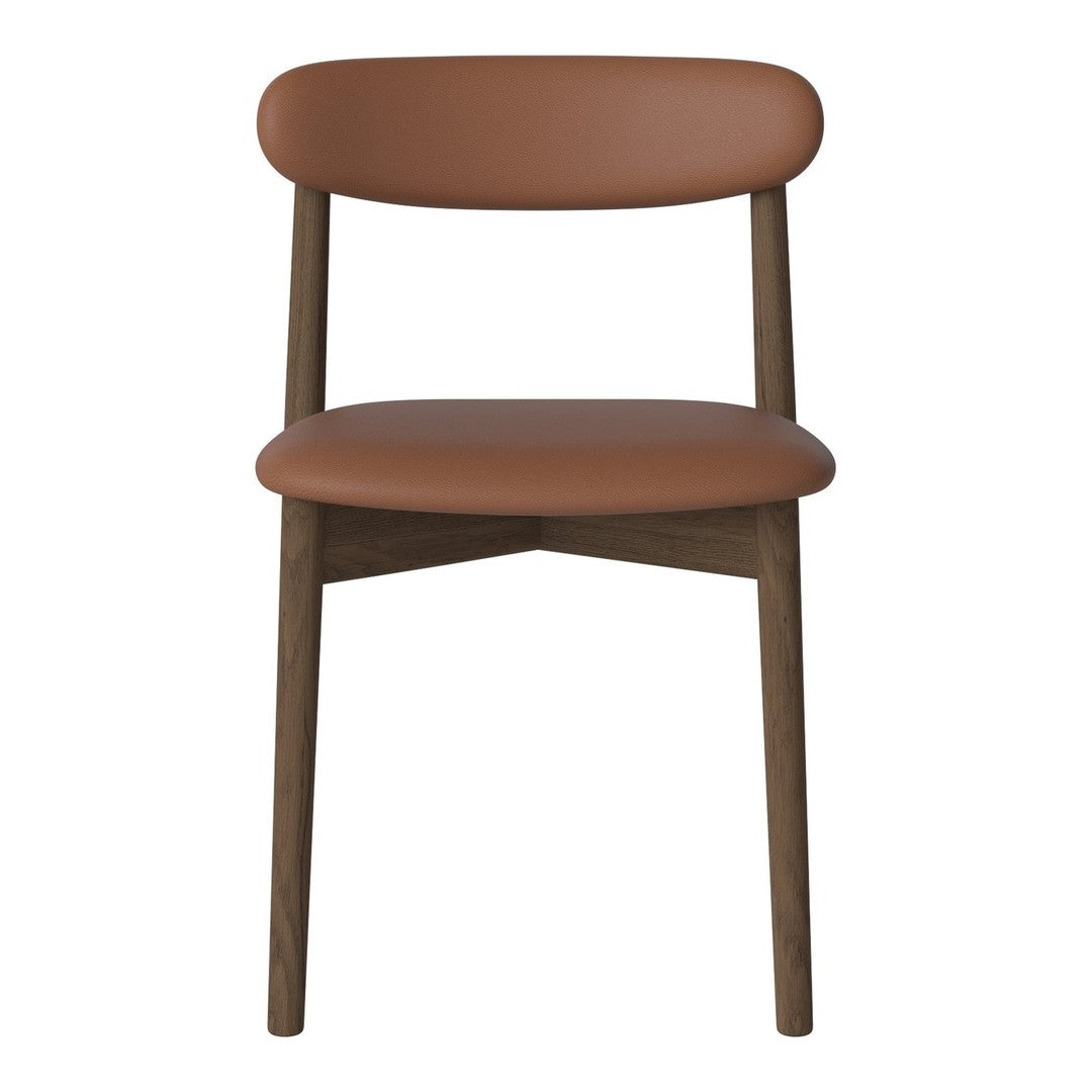 Brown leather chair with a minimalist design and wooden legs, featuring smooth, curved lines for a modern aesthetic.
