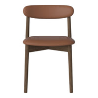 Brown leather chair with a minimalist design and wooden legs, featuring smooth, curved lines for a modern aesthetic.