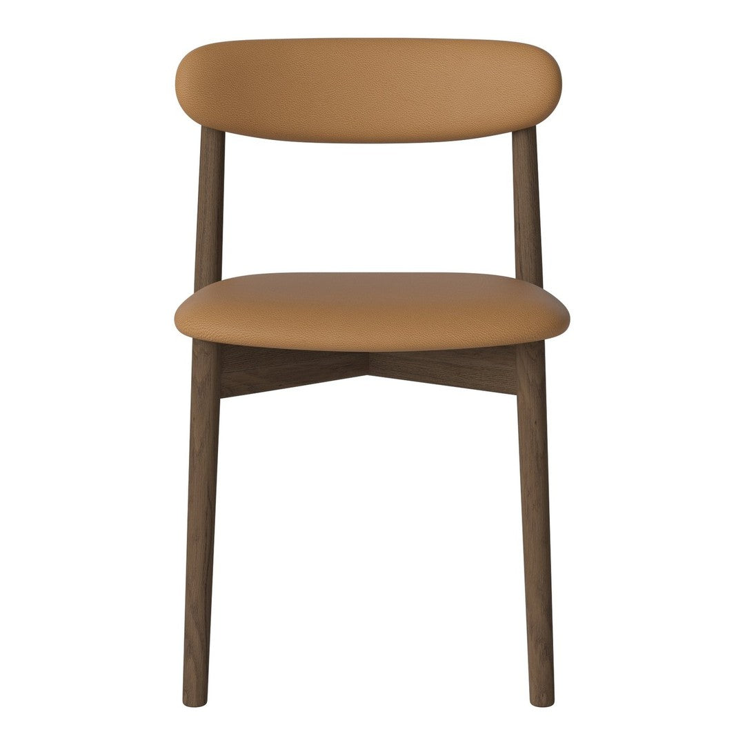 Brown leather seat and backrest with dark wood legs, featuring a minimalist design and smooth curves.