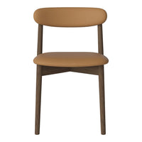 Brown leather seat and backrest with dark wood legs, featuring a minimalist design and smooth curves.