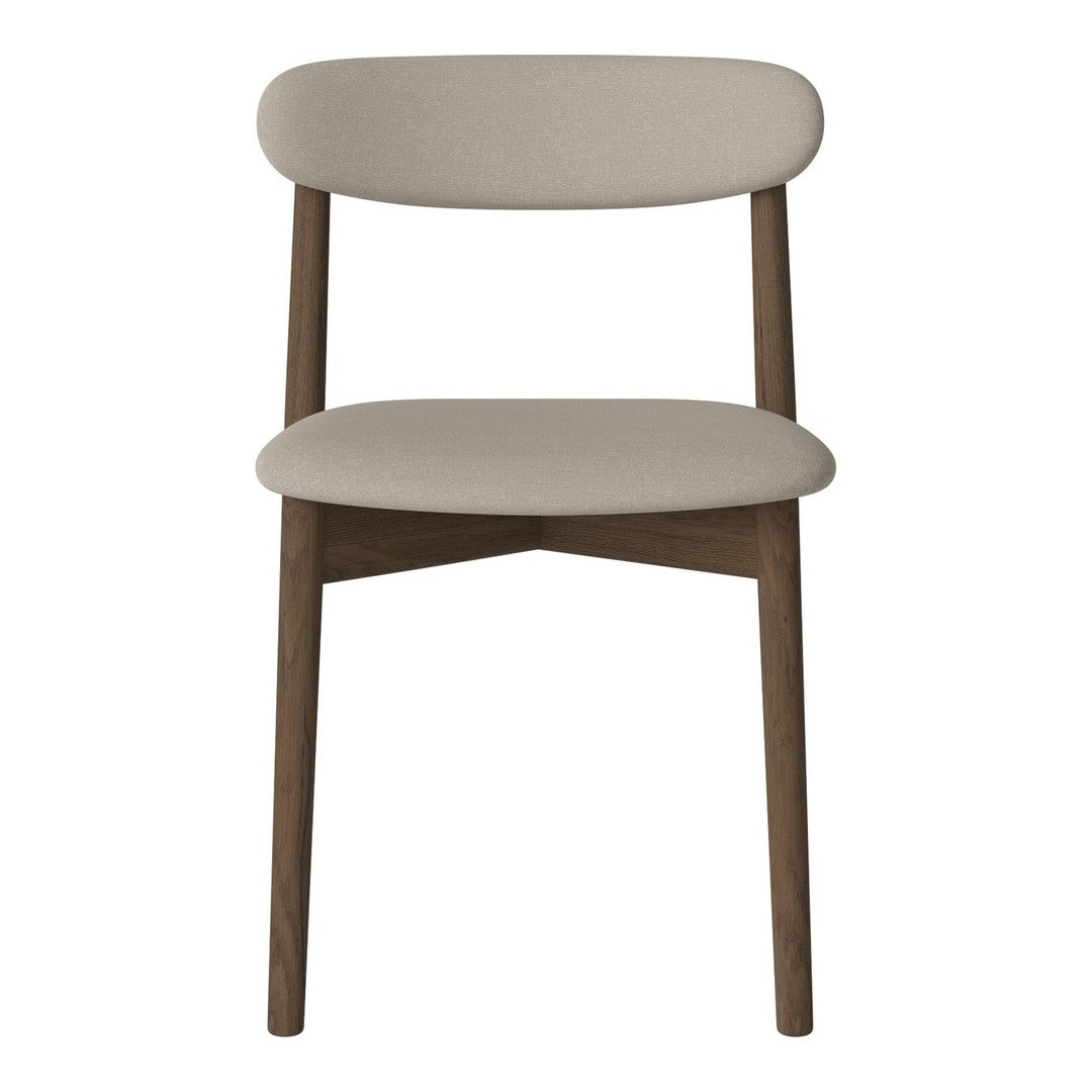 Beige upholstered chair with a minimalist design and elegant wooden legs. Perfect for modern interiors.
