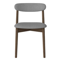 Gray upholstered chair with a smooth, minimalist design and wooden legs in a rich brown finish.