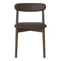 Brown leather chair with a sleek matte finish and wooden legs, featuring a minimalist design. Perfect for modern decor.