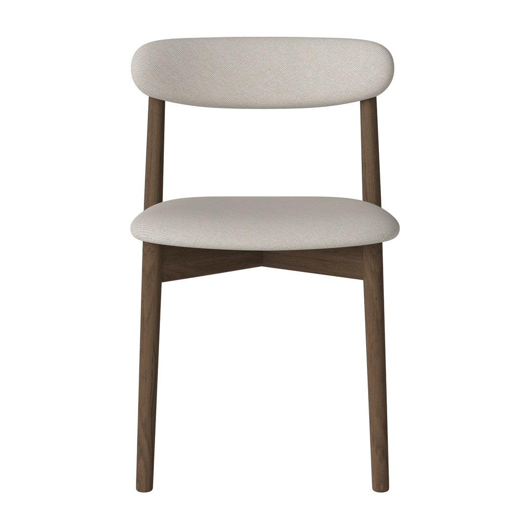Light beige fabric upholstery on a minimalist wooden chair with a natural finish, featuring clean, simple lines.