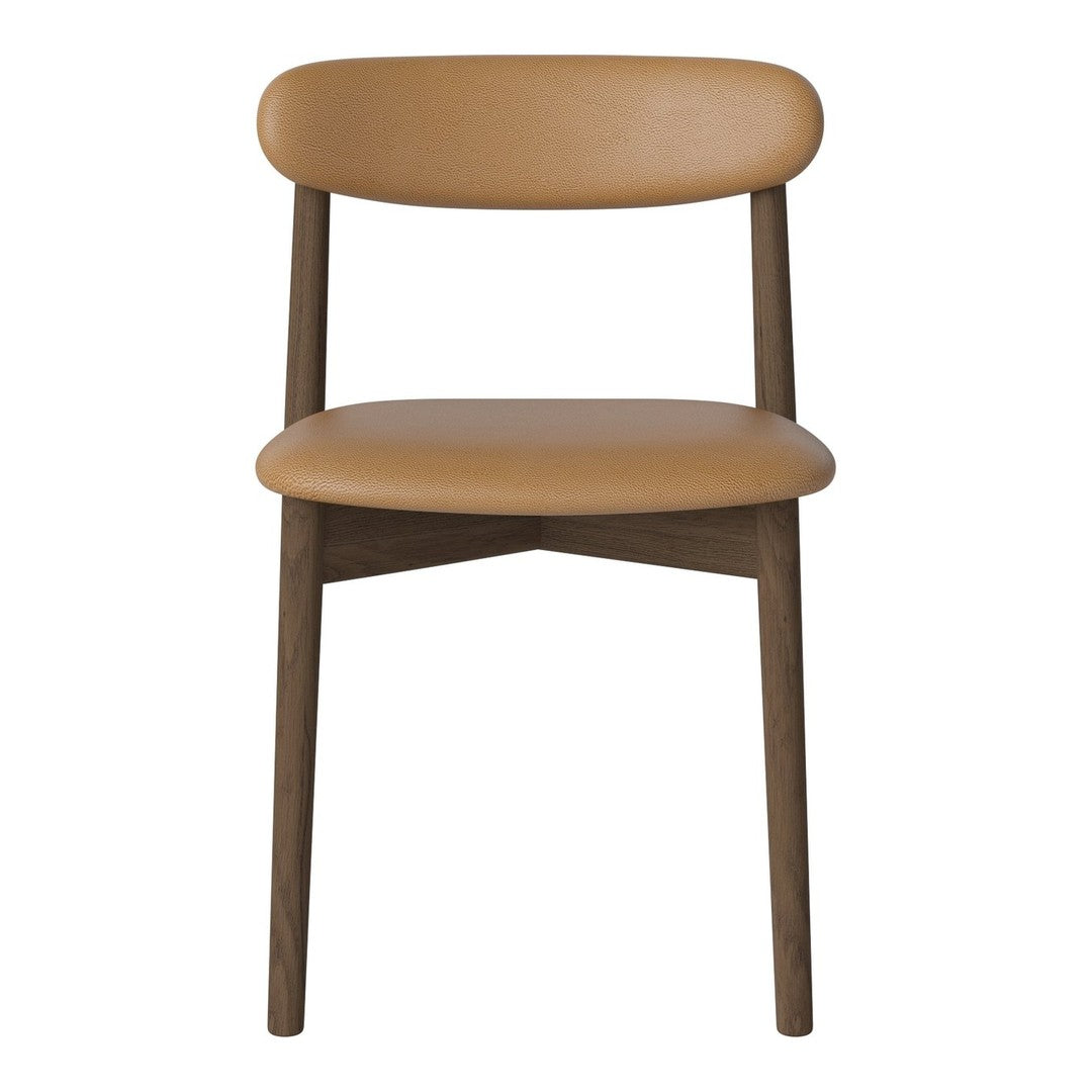 Brown upholstered chair with a smooth, rounded backrest and sleek wooden legs, offering a minimalistic design.