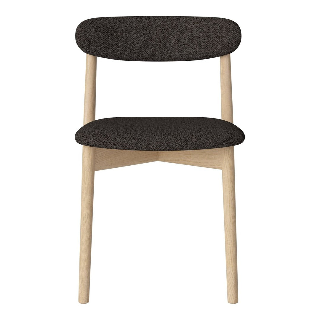 Modern chair with a sleek dark gray fabric seat and backrest, complemented by light wooden legs. Minimalist design.