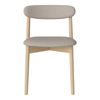 Beige textured fabric chair with light wooden legs, featuring a minimalist design and contemporary style.