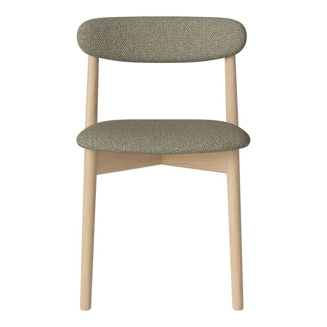 Olive green upholstered chair with a simple, modern design and light wooden legs, perfect for any interior.