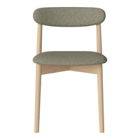 Olive green upholstered chair with a simple, modern design and light wooden legs, perfect for any interior.