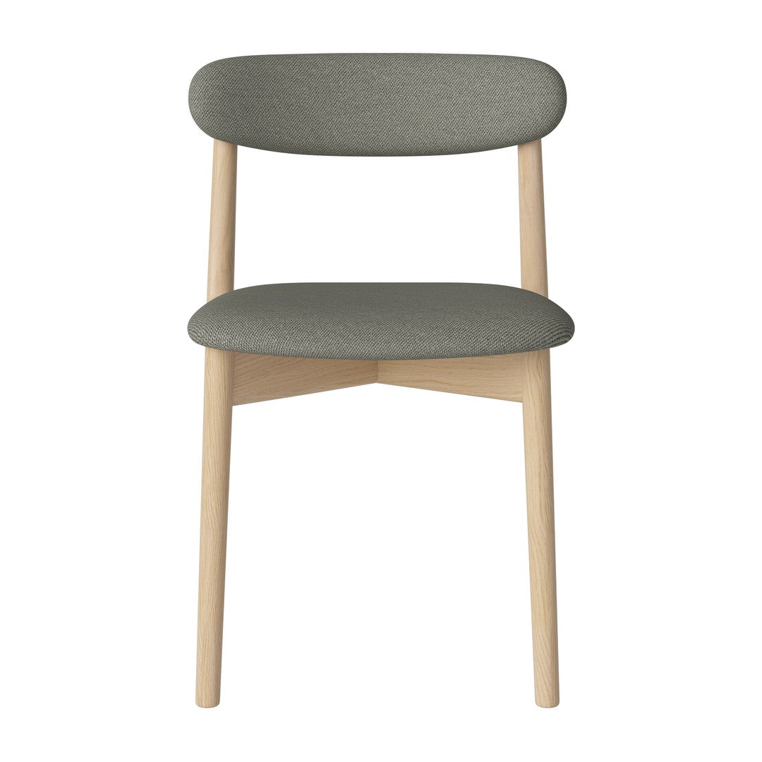 Gray upholstered chair with a smooth, minimalist design and light wooden legs.