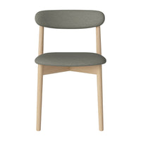 Gray upholstered chair with a smooth, minimalist design and light wooden legs.