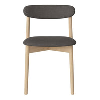 Gray upholstered chair with a smooth, minimalist design and natural wood legs, perfect for modern decor.