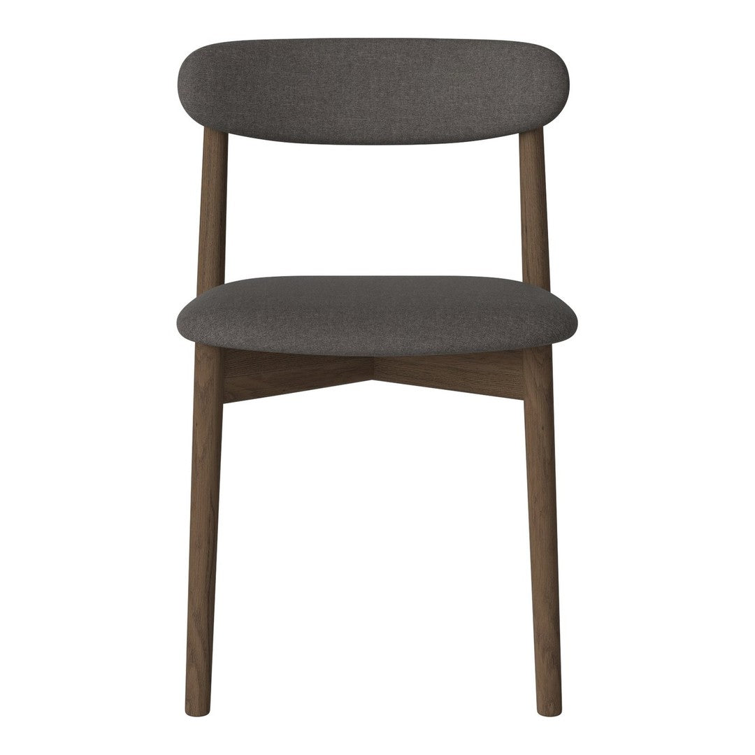 Gray upholstered chair with a smooth finish and wooden legs, featuring a minimalist design.