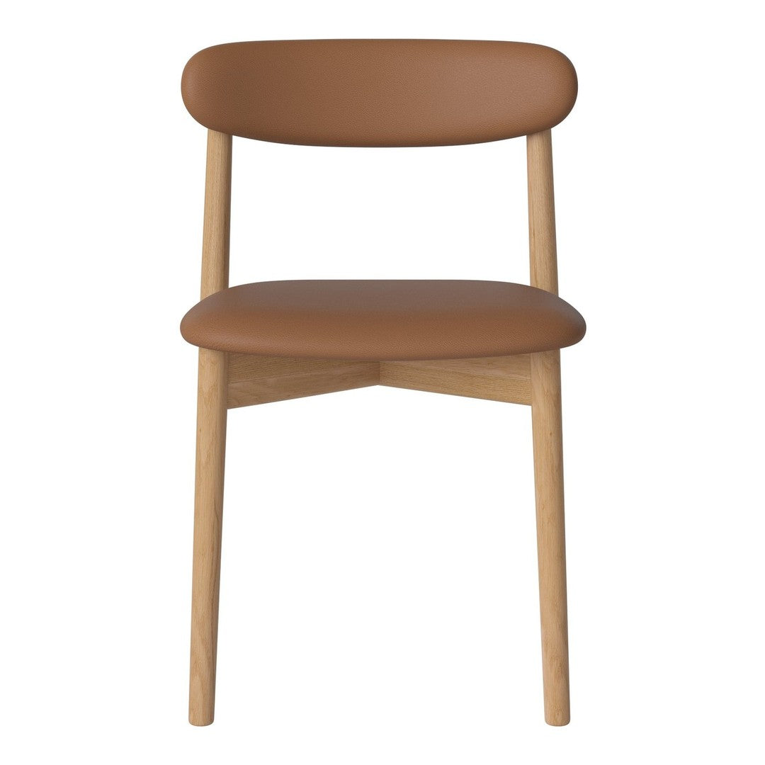 Brown leather seat and backrest with natural wood legs, featuring a minimalist design.