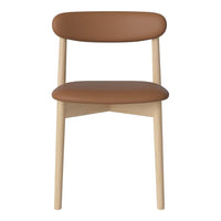 Brown leather chair with a sleek design and light wooden legs, featuring a minimalist, contemporary style.