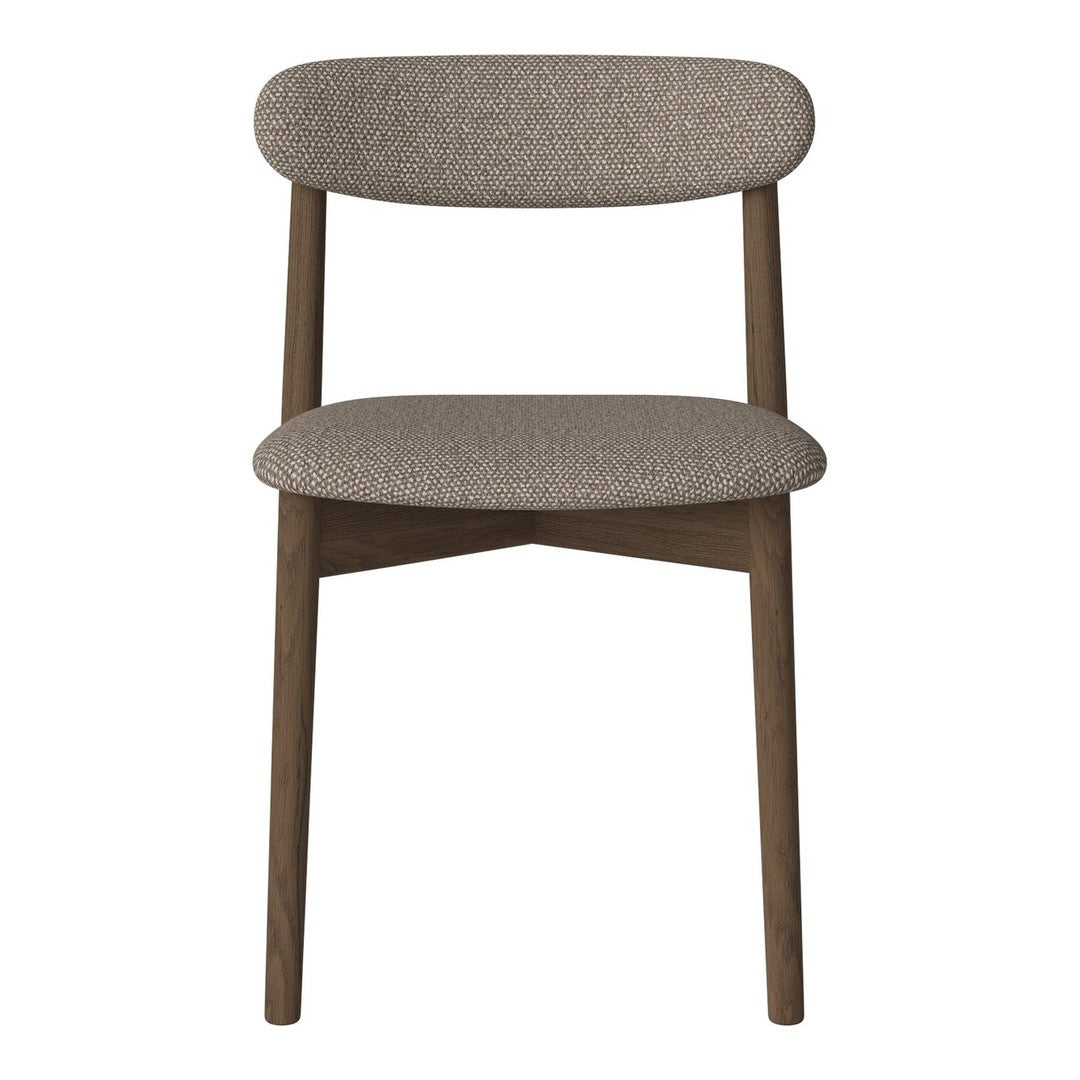 Brown upholstered chair with a textured pattern and dark wooden legs, featuring a minimalist design.