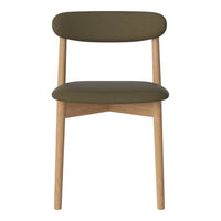 Olive green upholstered chair with natural wood legs, featuring a minimalist design and smooth, curved lines.