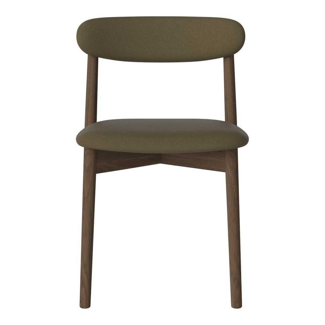 Olive green upholstered chair with a smooth, round back and wooden legs, featuring a minimalist design.