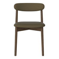 Olive green upholstered chair with a smooth, round back and wooden legs, featuring a minimalist design.