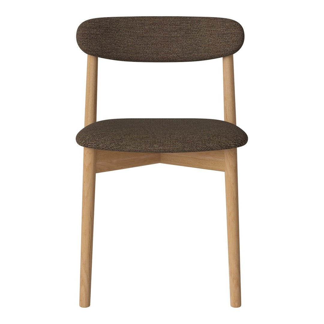 Brown upholstered chair with a smooth finish and light wooden legs, featuring a minimalist and modern design.