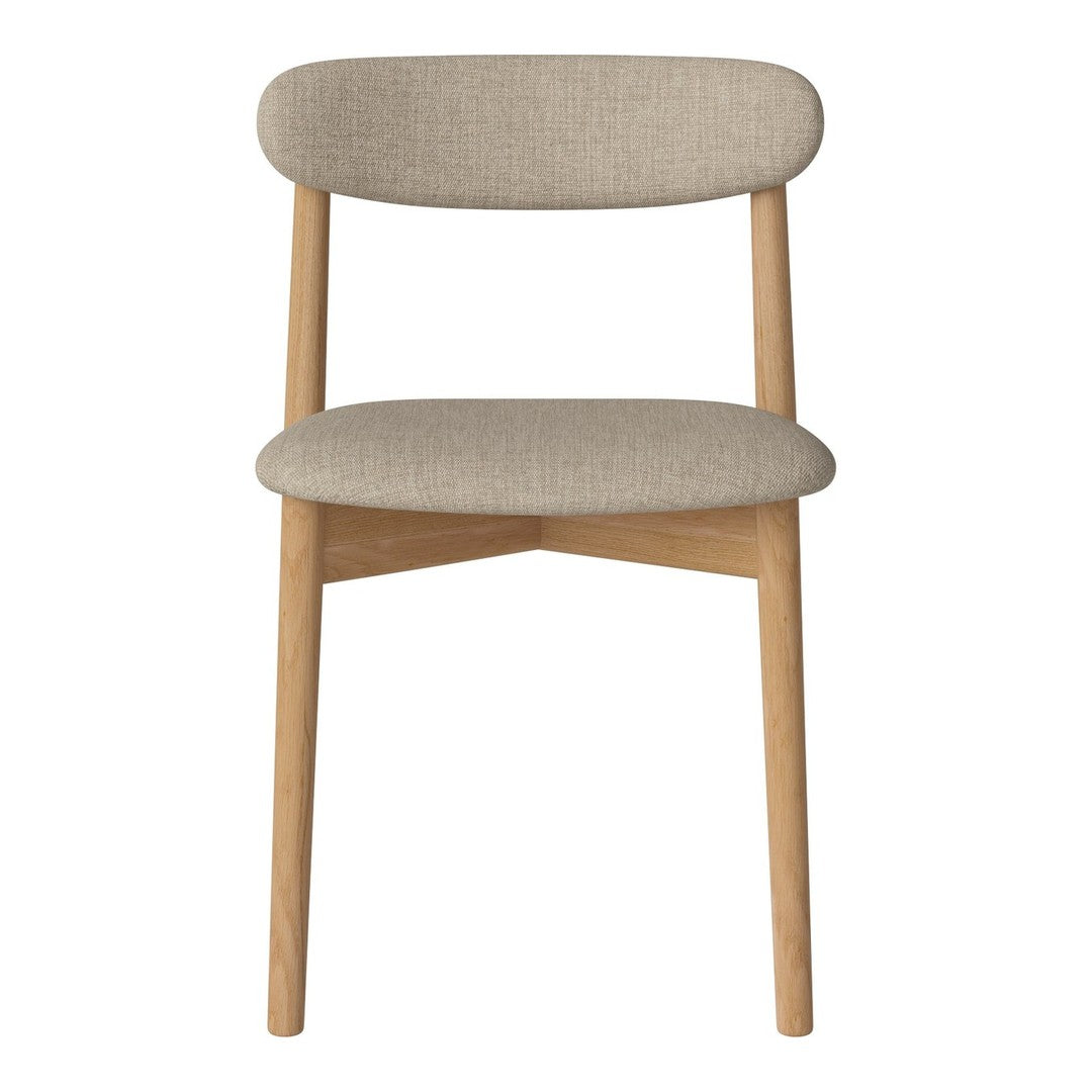 Tan upholstered chair with soft, textured fabric and light wooden legs in a simple, modern design.