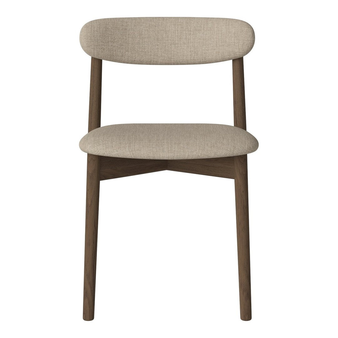 Beige upholstered chair with a sleek wooden frame, offering a modern and minimalist design. Ideal for various decor styles.