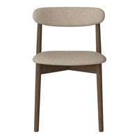 Beige upholstered chair with a sleek wooden frame, offering a modern and minimalist design. Ideal for various decor styles.