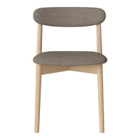 Gray upholstered chair with a minimalist design and natural wood legs, featuring curved backrest and seat.