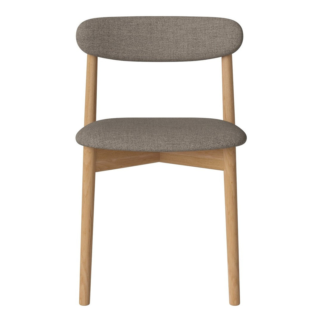 Gray upholstered chair with a smooth, minimalist design and natural wood legs. Ideal for modern decor.