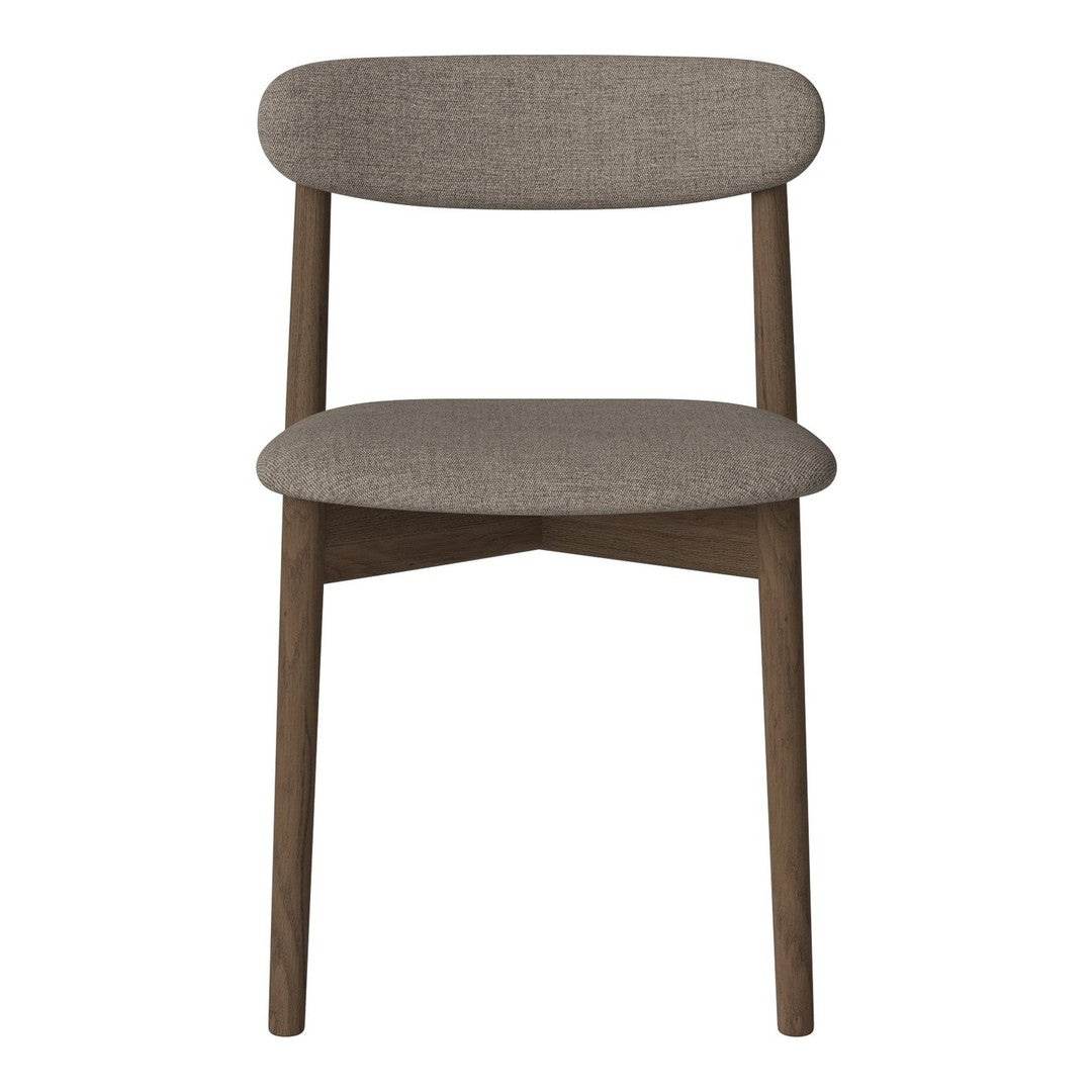 Gray upholstered chair with a minimalist design and wooden legs, showcasing a smooth, textured finish.
