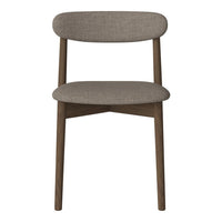 Gray upholstered chair with a minimalist design and wooden legs, showcasing a smooth, textured finish.